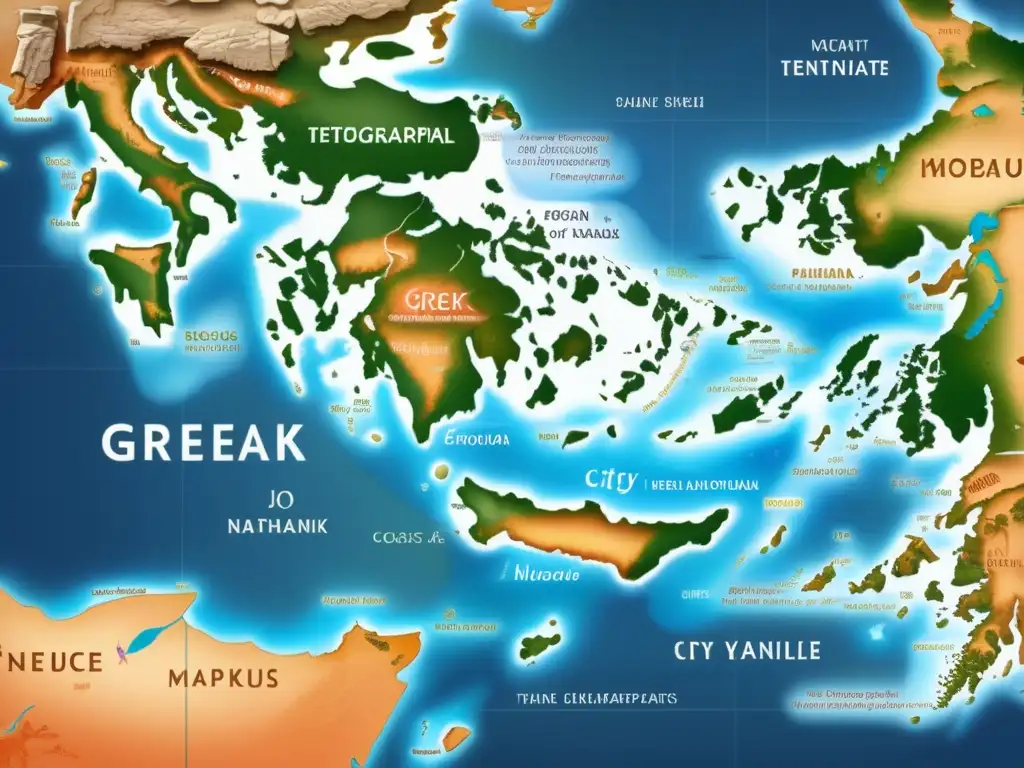 Un mapa detallado del mundo griego antiguo con anotaciones en griego, costa, ciudades y topografía