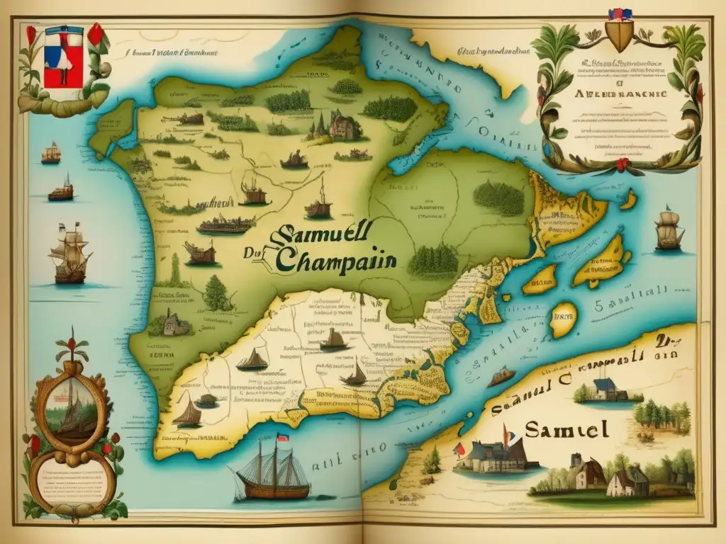Un mapa detallado de la Nueva Francia del siglo XVII, con la biografía de Samuel de Champlain, ilustra la costa, ríos y asentamientos, junto a flora y fauna local