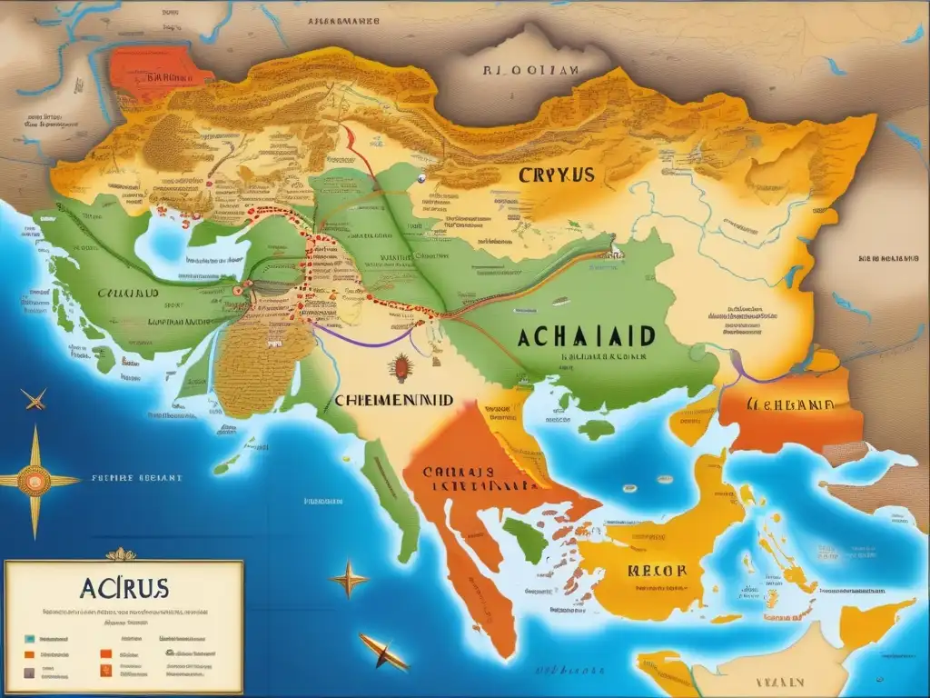 Un mapa detallado en 8k que muestra la expansión territorial del Imperio Aqueménida bajo el gobierno de Ciro el Grande, con ilustraciones intrincadas de regiones conquistadas, rutas comerciales y puntos de referencia significativos