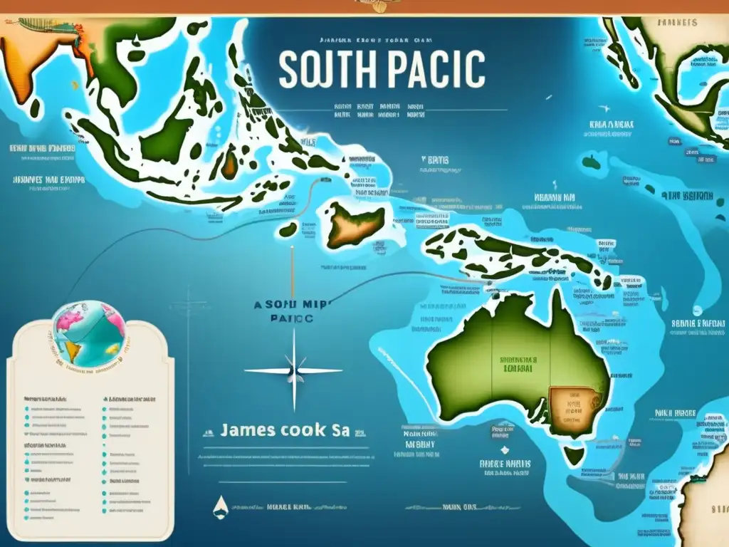 Un mapa digital moderno del Océano Pacífico Sur, detallando el lecho marino, islas y costas