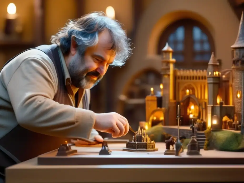 Peter Jackson, director, ajusta meticulosamente una maqueta detallada en el set de filmación