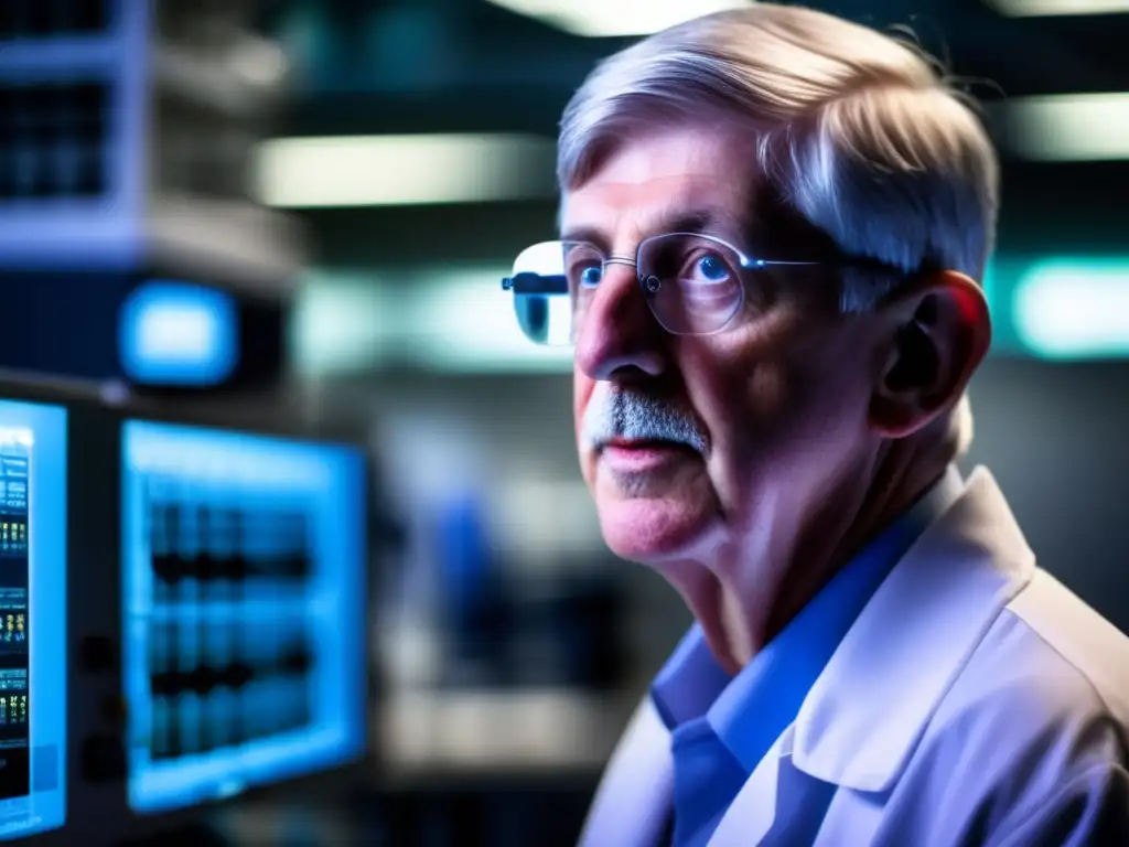 Francis Collins se concentra en una máquina de secuenciación de ADN, con detalles impresionantes