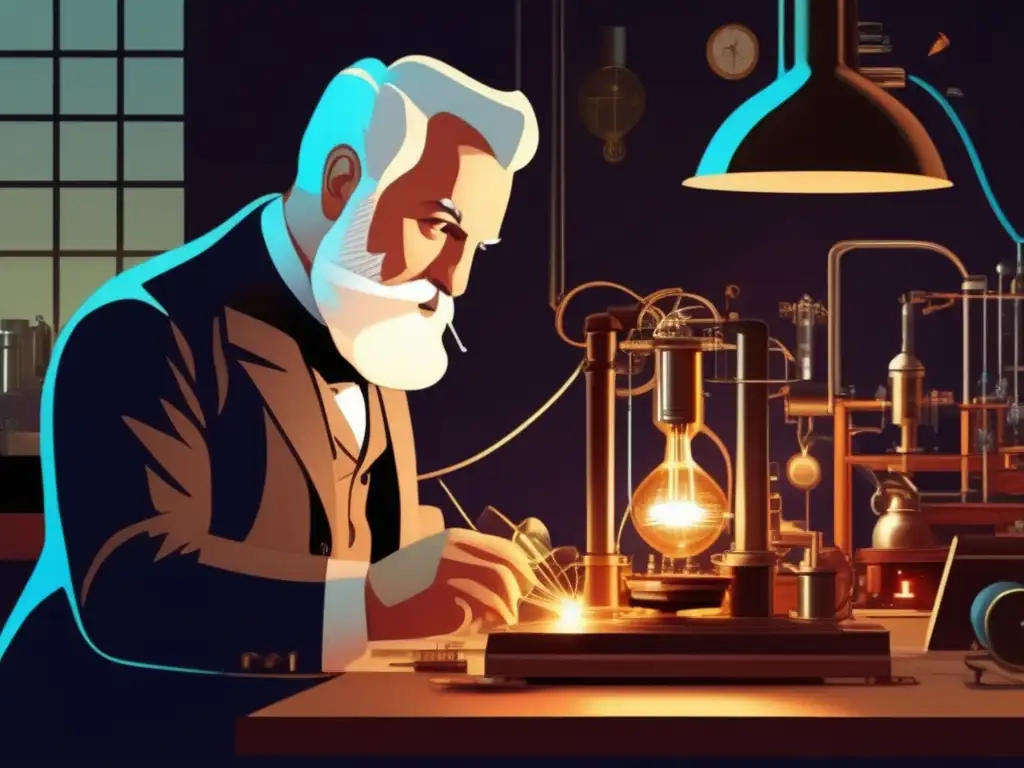 Alexander Graham Bell ajusta una máquina en su laboratorio, rodeado de inventos y luces eléctricas