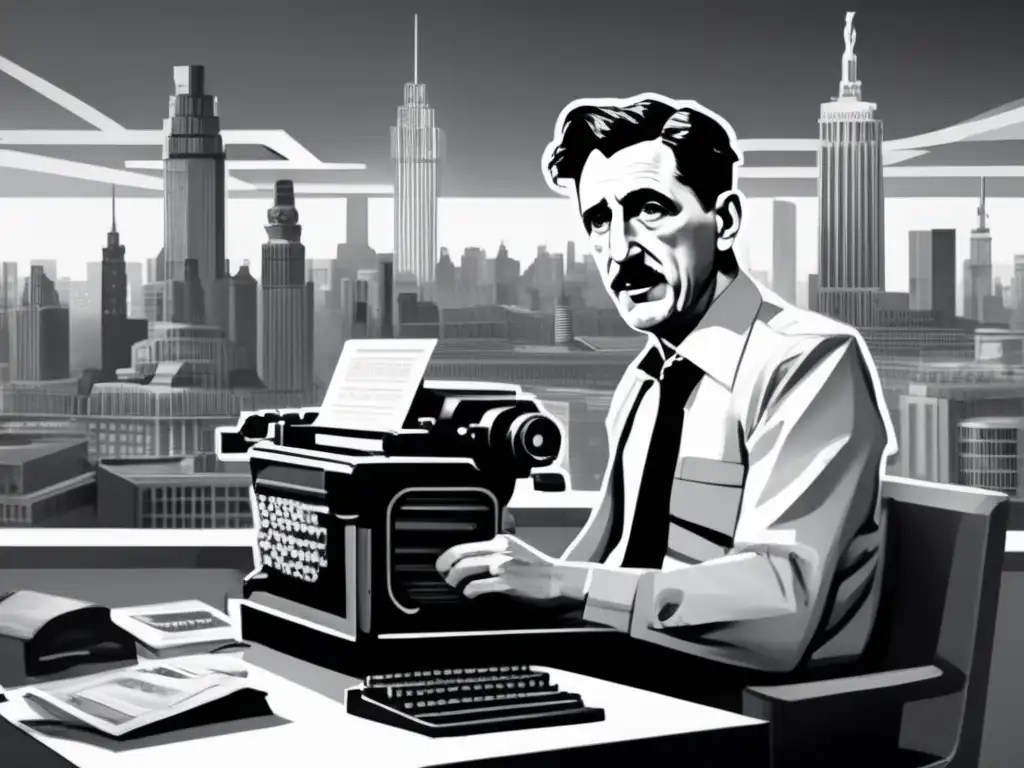 George Orwell escribe en una máquina de escribir, rodeado de cámaras de vigilancia y una ciudad futurista