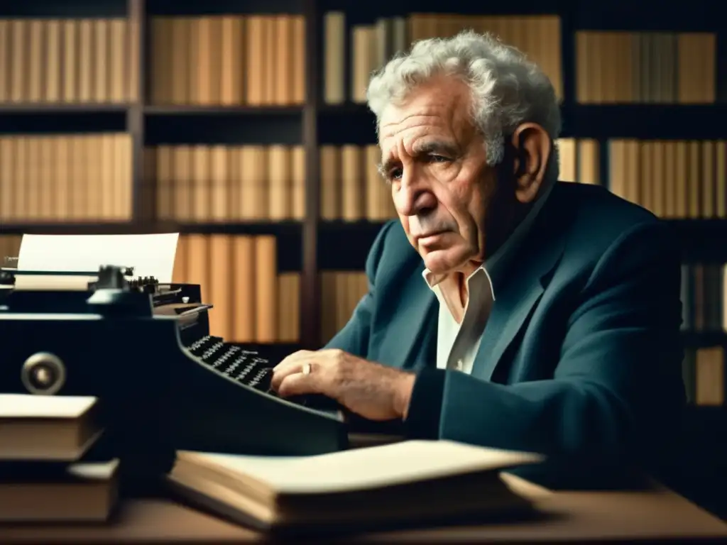 Norman Mailer escribe en su máquina de escribir rodeado de libros y papeles, con una expresión intensa