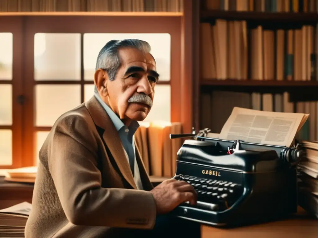 Gabriel García Márquez escribiendo en su máquina de escribir rodeado de libros y periódicos