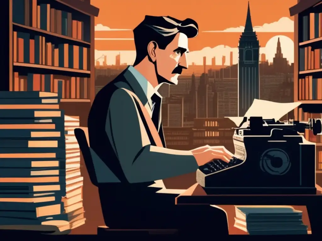 George Orwell escribe en su máquina de escribir, rodeado de libros y periódicos, con una expresión concentrada bajo la luz tenue