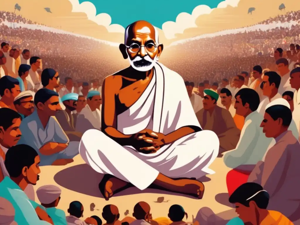 En la ilustración, Gandhi reflexiona pacíficamente entre un mar de eventos caóticos previos a la Primera Guerra Mundial