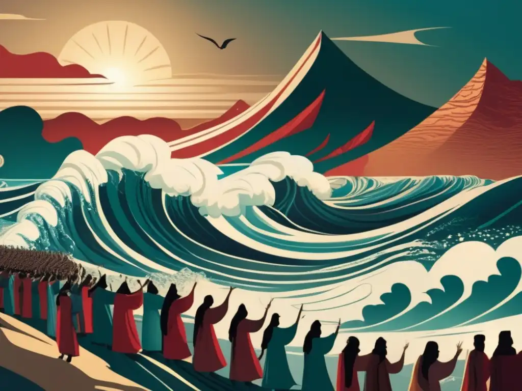 Milagroso Moisés abre el Mar Rojo Moisés parte el Mar Rojo en una ilustración digital épica, transmitiendo poder, fe y liberación
