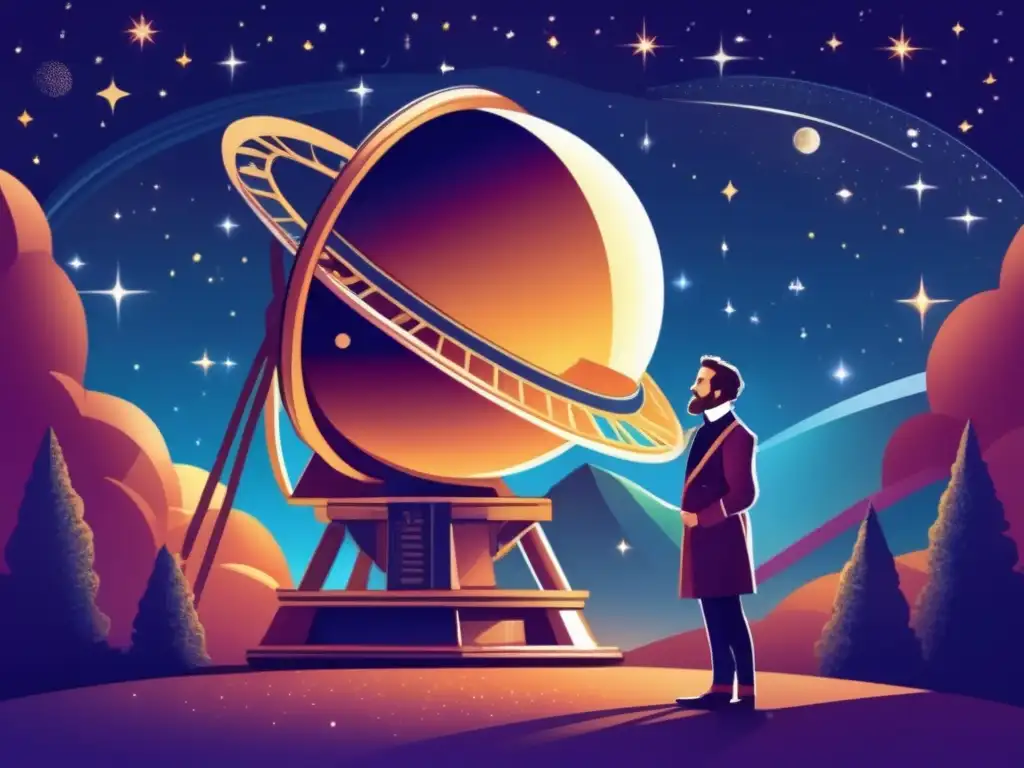 Johannes Kepler maravillado observando el cielo estrellado a través de un telescopio, evocando sus descubrimientos astronómicos