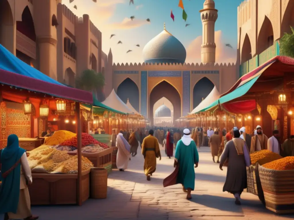 Ibn Battuta maravillado por la diversidad de la vida en el mundo islámico, rodeado de coloridos puestos de mercado y arquitectura ornamentada