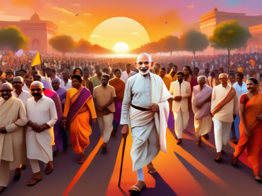 Mahatma Gandhi lidera una marcha pacífica hacia el atardecer, con una multitud diversa detrás de él