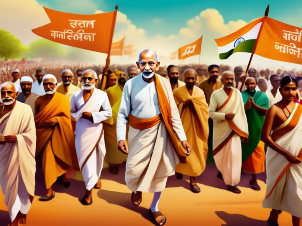 Mahatma Gandhi lidera una marcha pacífica por la independencia de la India, rodeado de seguidores diversos