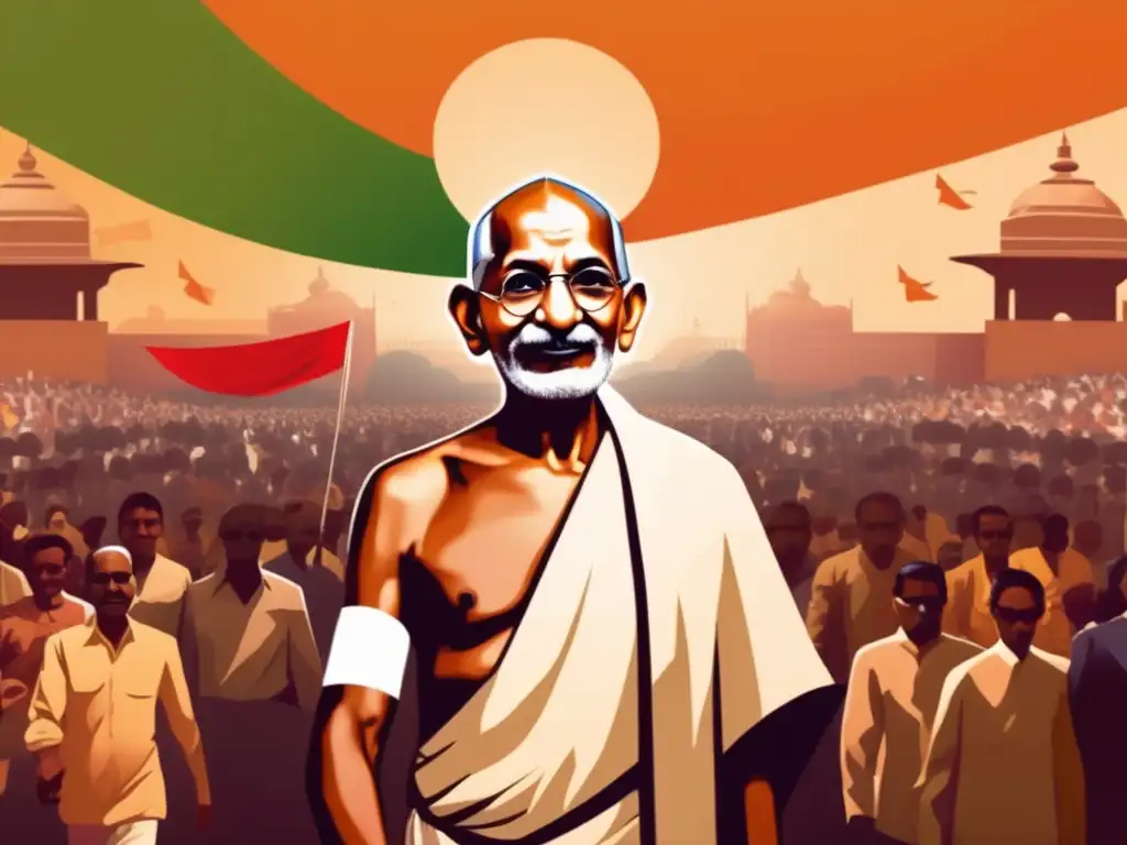 Mahatma Gandhi lidera una marcha pacífica por la independencia de la India, con la bandera india de fondo