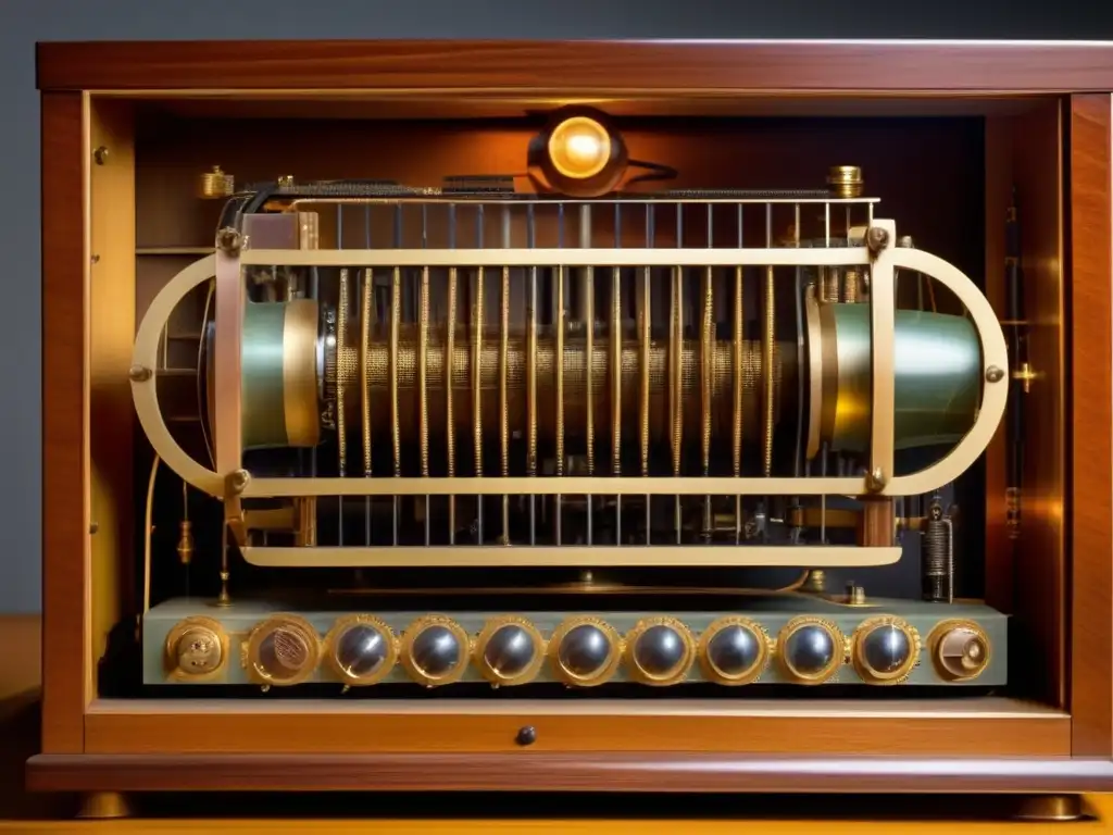 Dentro de un marco de madera vintage, se muestra una televisión mecánica de John Logie Baird con sus intrincadas piezas y tubos de vacío brillando suavemente