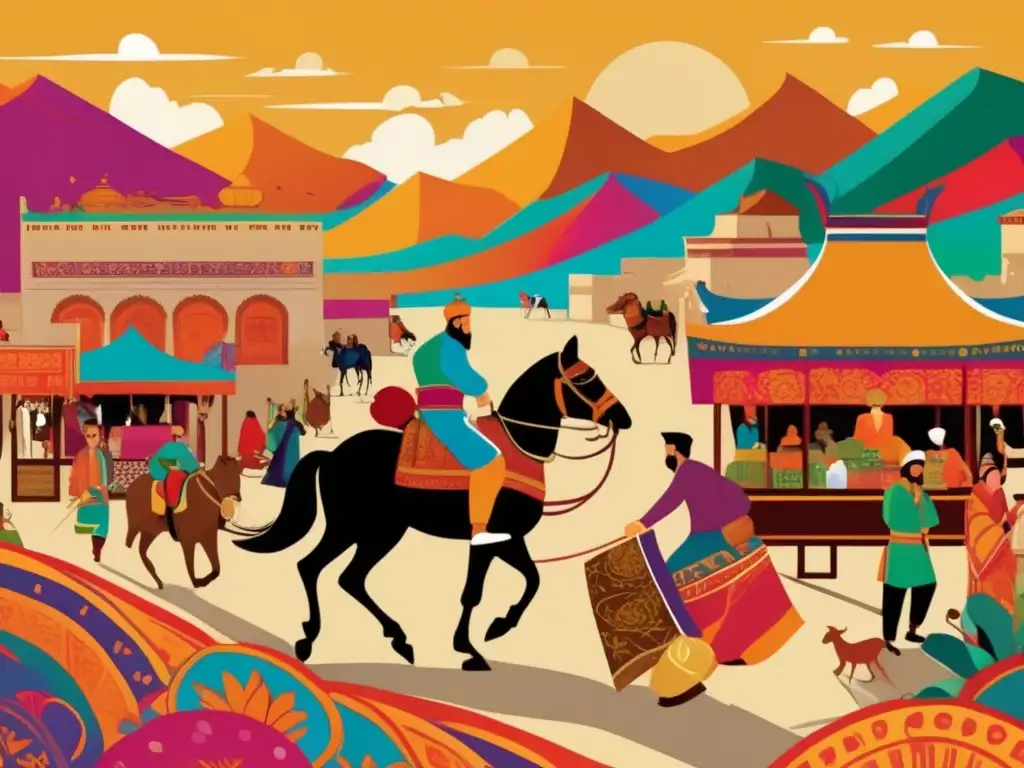 Marco Polo se sumerge en el bullicio de la Ruta de la Seda, rodeado de mercancías coloridas y exóticas, en una ilustración vibrante que captura la esencia del comercio y la aventura a lo largo de la histórica ruta