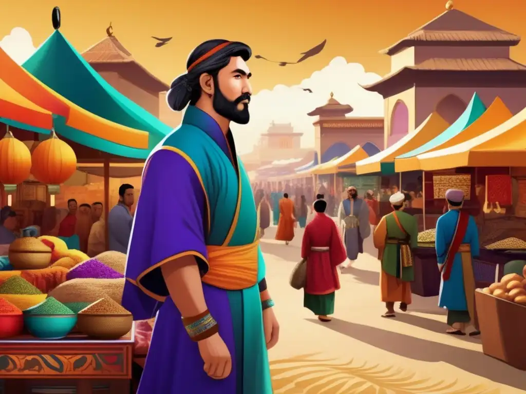 Marco Polo, viajero veneciano, maravillado en la Ruta de la Seda, rodeado de coloridos mercados y exóticos bienes del este