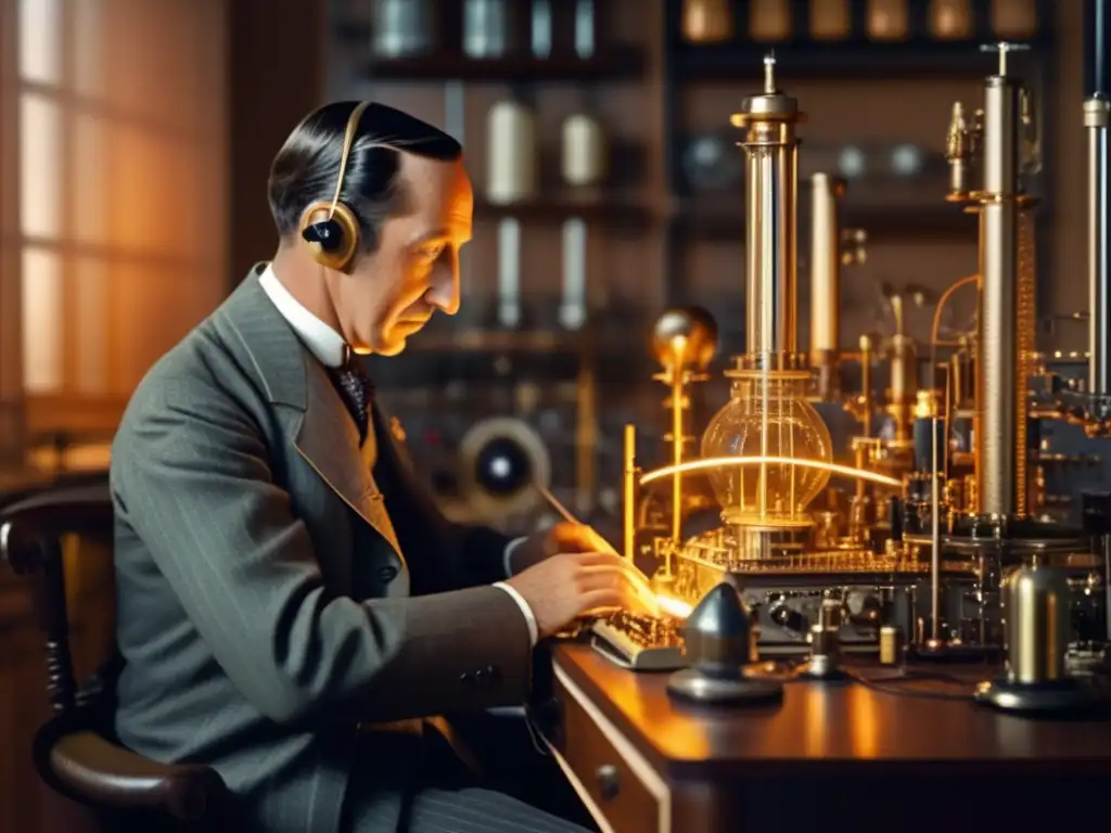 Guglielmo Marconi concentrado en su laboratorio, rodeado de intrincados equipos de radio
