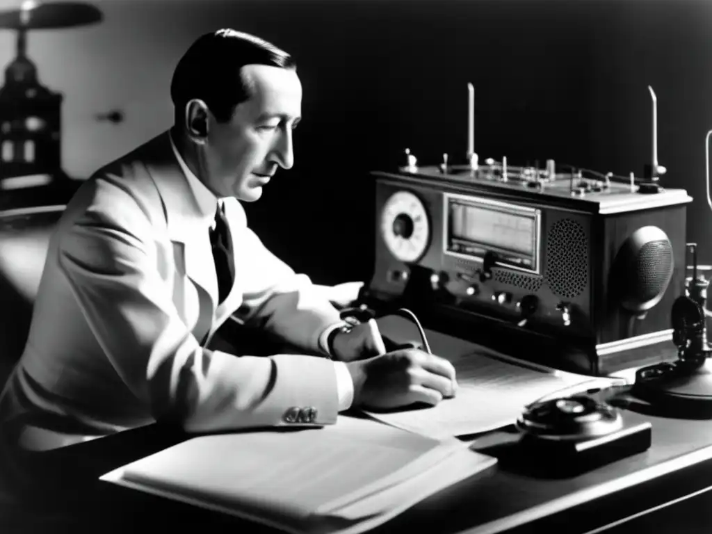 Guglielmo Marconi concentrado en su trabajo rodeado de equipo de radio