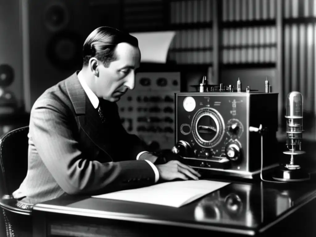 Guglielmo Marconi concentrado en su trabajo rodeado de equipo de radio antiguo