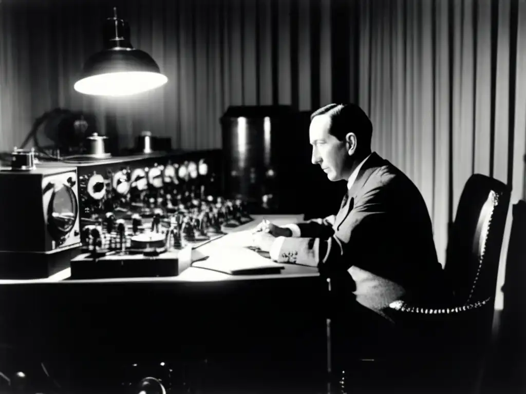 Marconi concentrado ajustando transmisor, rodeado de equipos de radio en una atmósfera de penumbra