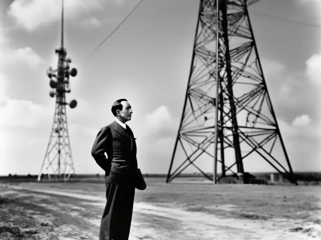 Marconi frente a torre de transmisión, sosteniendo radio, refleja su determinación pionera en inventos de Guglielmo Marconi radio