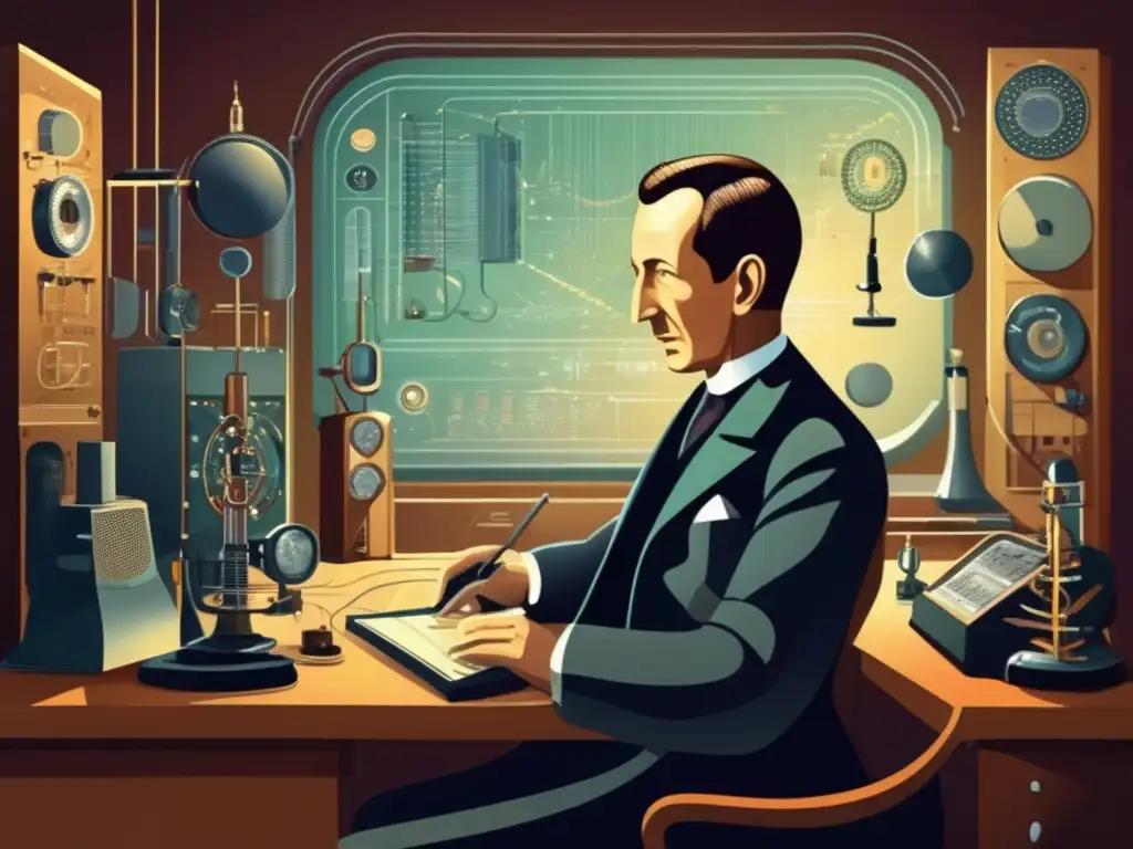En la ilustración, Guglielmo Marconi trabaja en su laboratorio rodeado de dispositivos inalámbricos, reflejando su legado inalámbrico pionero