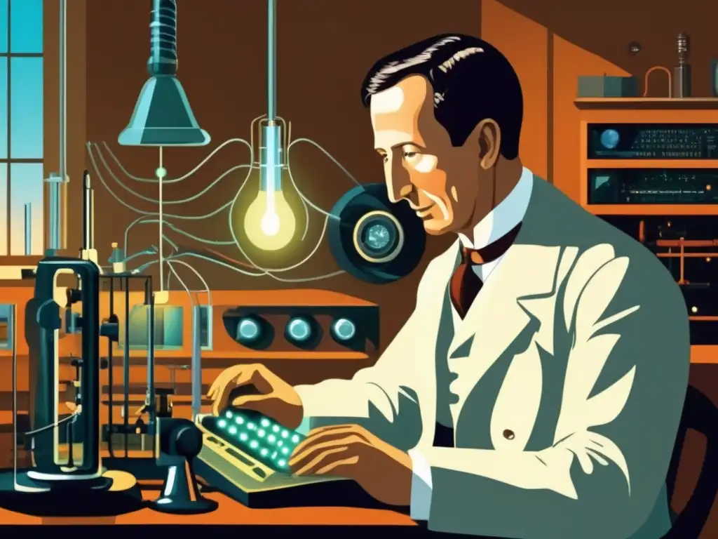 En la ilustración, Guglielmo Marconi trabaja en su laboratorio rodeado de equipo de radio, transmitiendo sus revolucionarias señales inalámbricas
