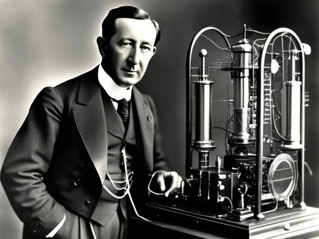Guglielmo Marconi, pionero de la radio, posa con su innovador equipo de telegrafía inalámbrica