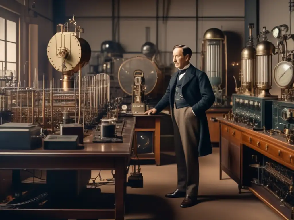 Guglielmo Marconi ajusta un transmisor rodeado de inventos en su taller, evocando pionera innovación en radio