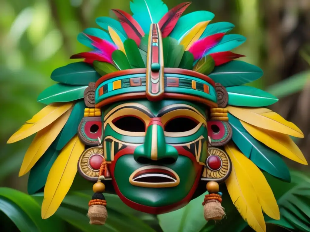 Una máscara ceremonial maya, detalladamente tallada en madera y adornada con plumas vibrantes, se destaca entre la exuberante jungla