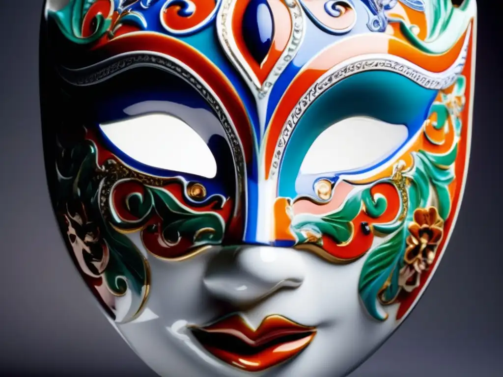 Una máscara de porcelana con detalles intrincados y colores vibrantes