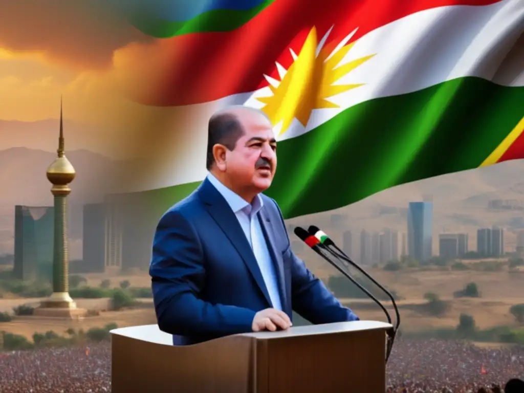 Masoud Barzani líder kurdo independencia en discurso apasionado con la ciudad moderna al fondo