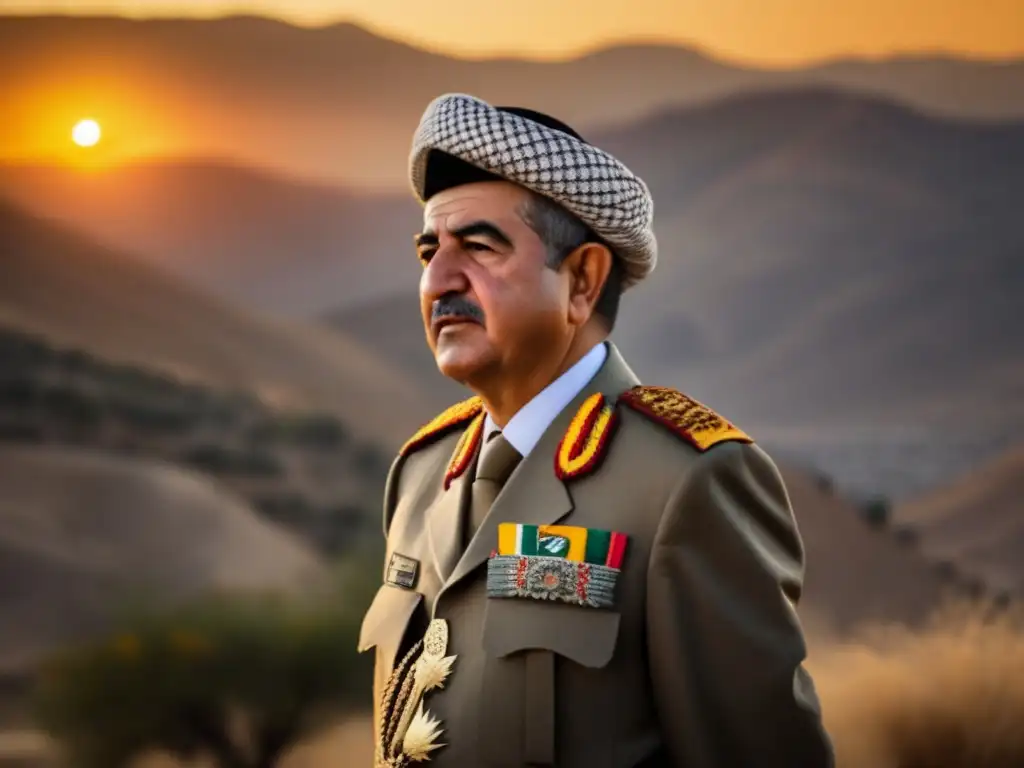 Masoud Barzani, líder kurdo independencia, con determinación frente al atardecer dorado sobre las montañas de Kurdistán
