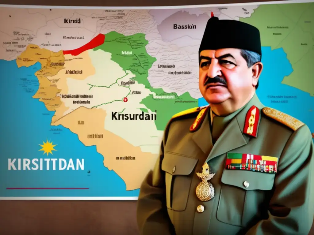 Masoud Barzani líder kurdo independencia, de pie frente a un mapa de Kurdistán con determinación, rodeado de la comunidad kurda, simbolizando su liderazgo y compromiso con el sueño de la independencia