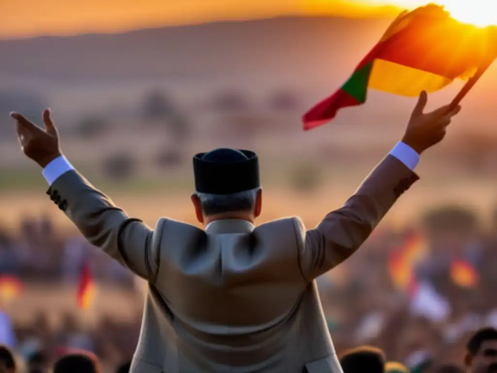 Masoud Barzani líder kurdo independencia de pie frente a una multitud vitoreante, con el sol poniéndose detrás, irradiando determinación y liderazgo
