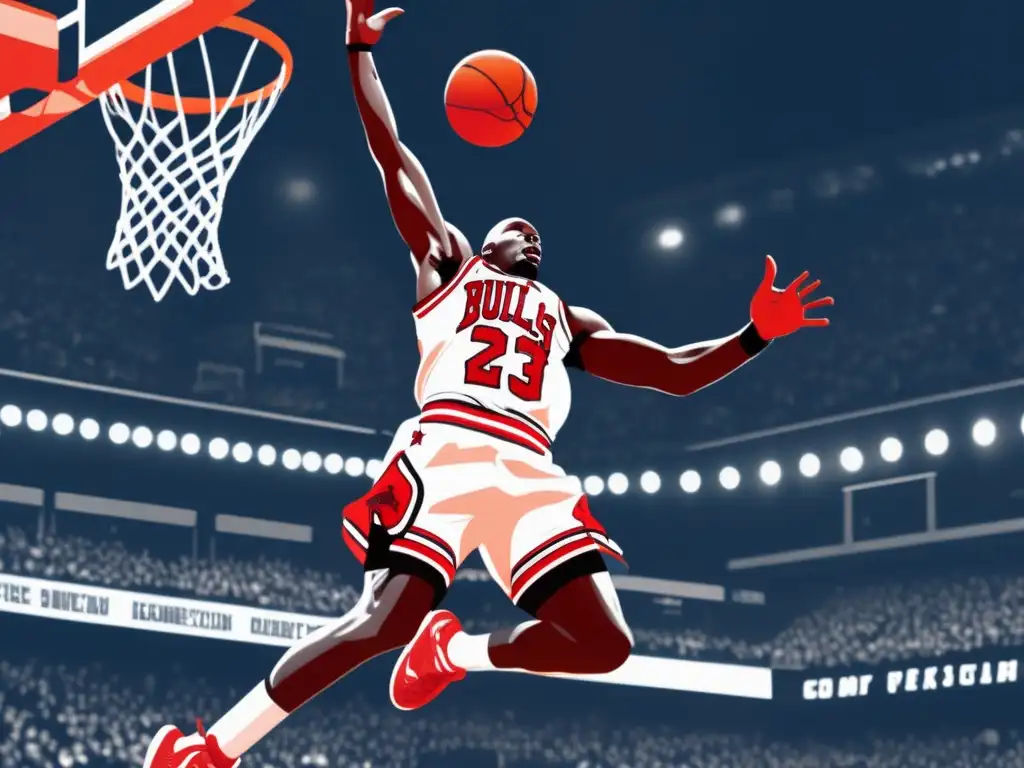 Michael Jordan realizando un mate, su influencia global en el baloncesto palpable