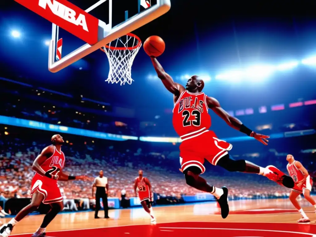 Michael Jordan realizando un mate con su lengua afuera y el logo de la NBA en la cancha, demostrando su influencia global