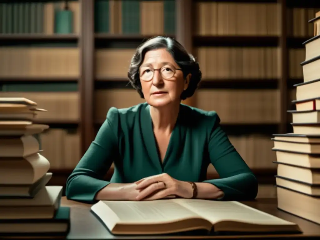 Simone Weil filósofa mística matemáticas concentrada entre libros y papeles en una escena moderna y minimalista