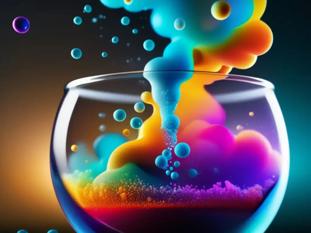 Dentro de un matraz de laboratorio, una colorida reacción química se manifiesta en un remolino de líquidos y gases