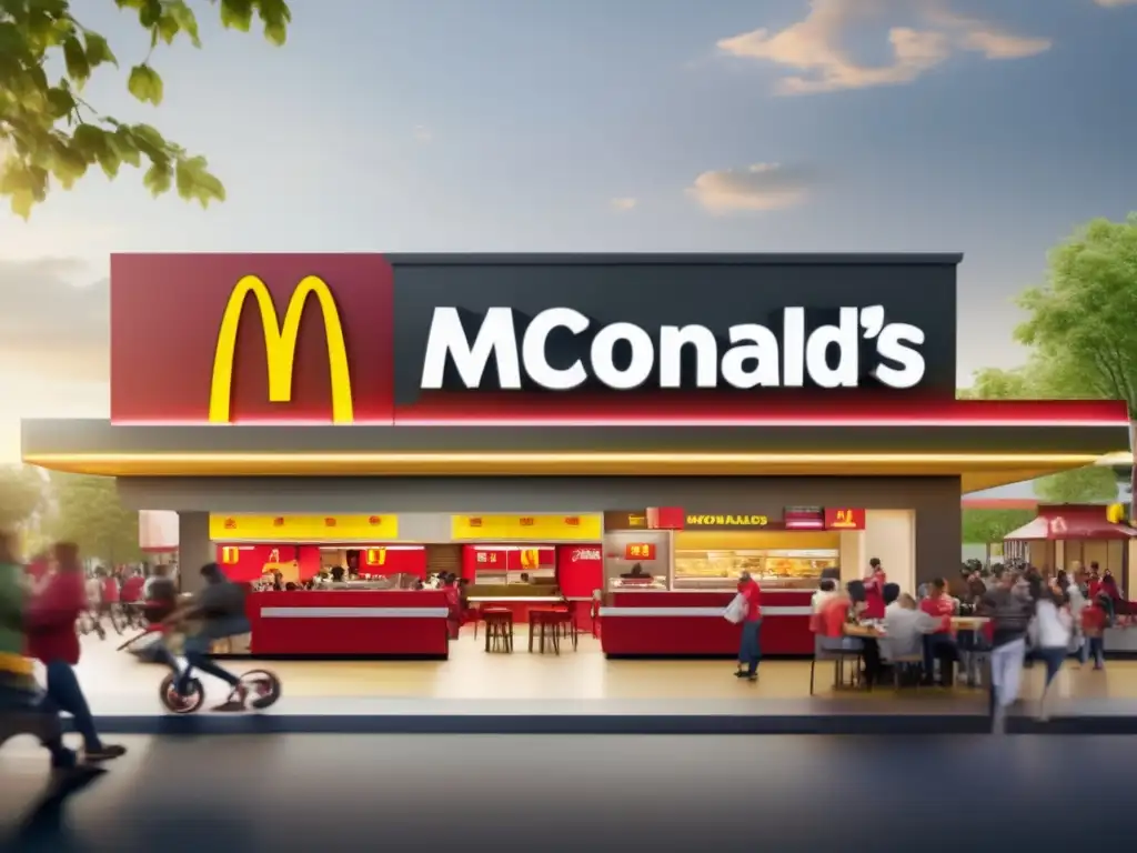 Un McDonald's moderno y bullicioso en una gran ciudad, con clientes esperando en el auto y en el interior