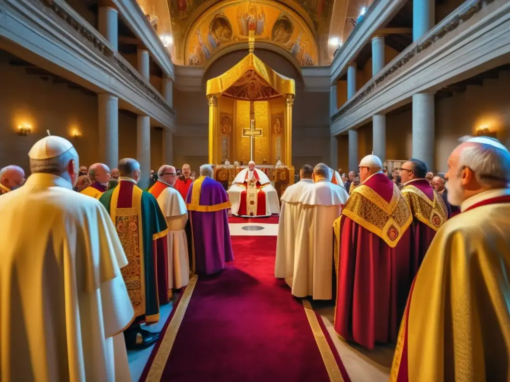 El Papa León I mediador de la ortodoxia cristiana preside el Concilio de Calcedonia, rodeado de obispos y clérigos en esta deslumbrante imagen en 8k