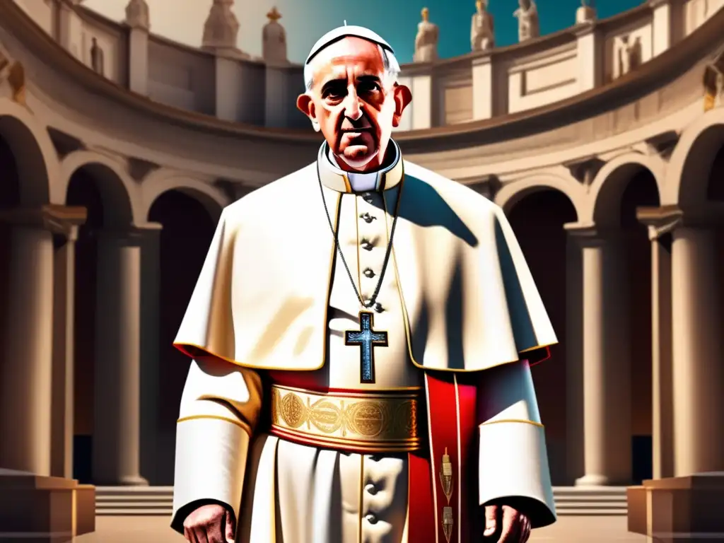 El Papa León I, mediador de la ortodoxia cristiana, se destaca en una obra digital moderna, con una expresión de determinación y autoridad