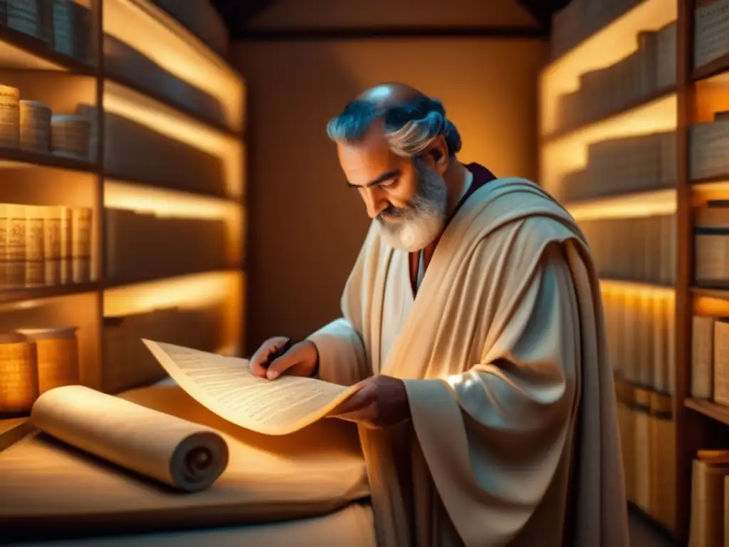 Un médico griego antiguo examina un pergamino con caligrafía médica rodeado de libros antiguos y utensilios médicos en una habitación cálida y serena