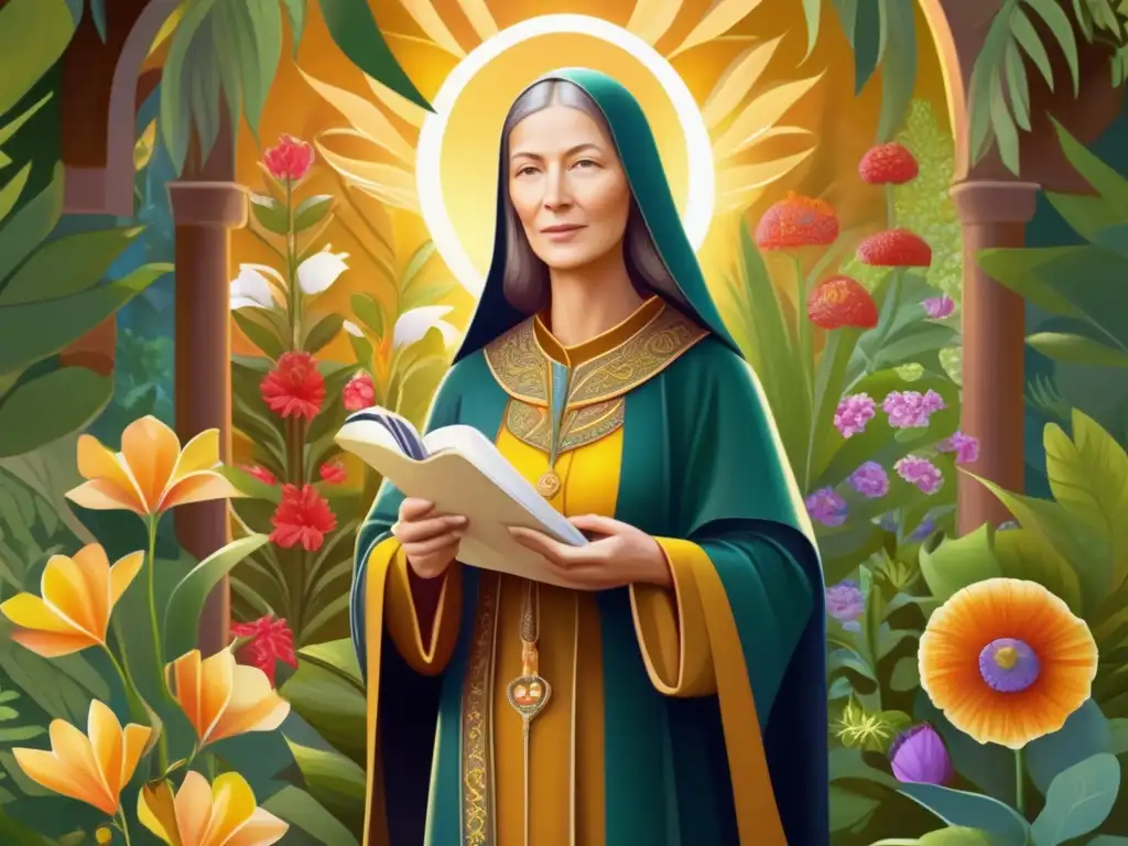 Hildegard von Bingen: Visionaria en el jardín medieval En el jardín medieval, Hildegard von Bingen se encuentra rodeada de exuberante vegetación, sosteniendo pergamino y pluma, con una expresión serena