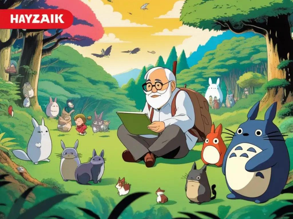 En medio de un bosque encantado, Hayao Miyazaki dibuja mientras Totoro, NoFace y Mononoke interactúan