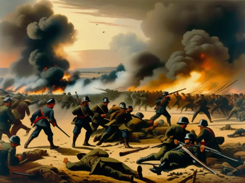 En medio de un caótico campo de batalla, soldados luchan ferozmente entre humo y fuego, reflejando la influencia de 'Guerra y Paz' de Tolstoy