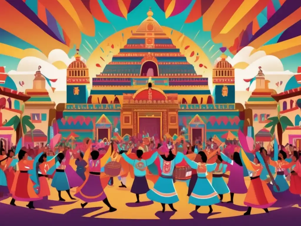 En medio de festividades aztecas, estudio Fray Bernardino, inmerso en una vibrante ilustración digital