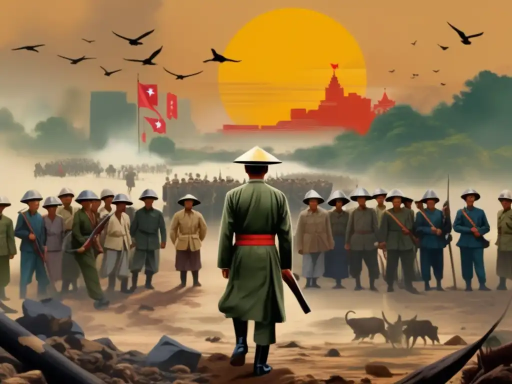 Ho Chi Minh lidera la unificación de Vietnam en medio de la guerra, rodeado de determinación y esperanza