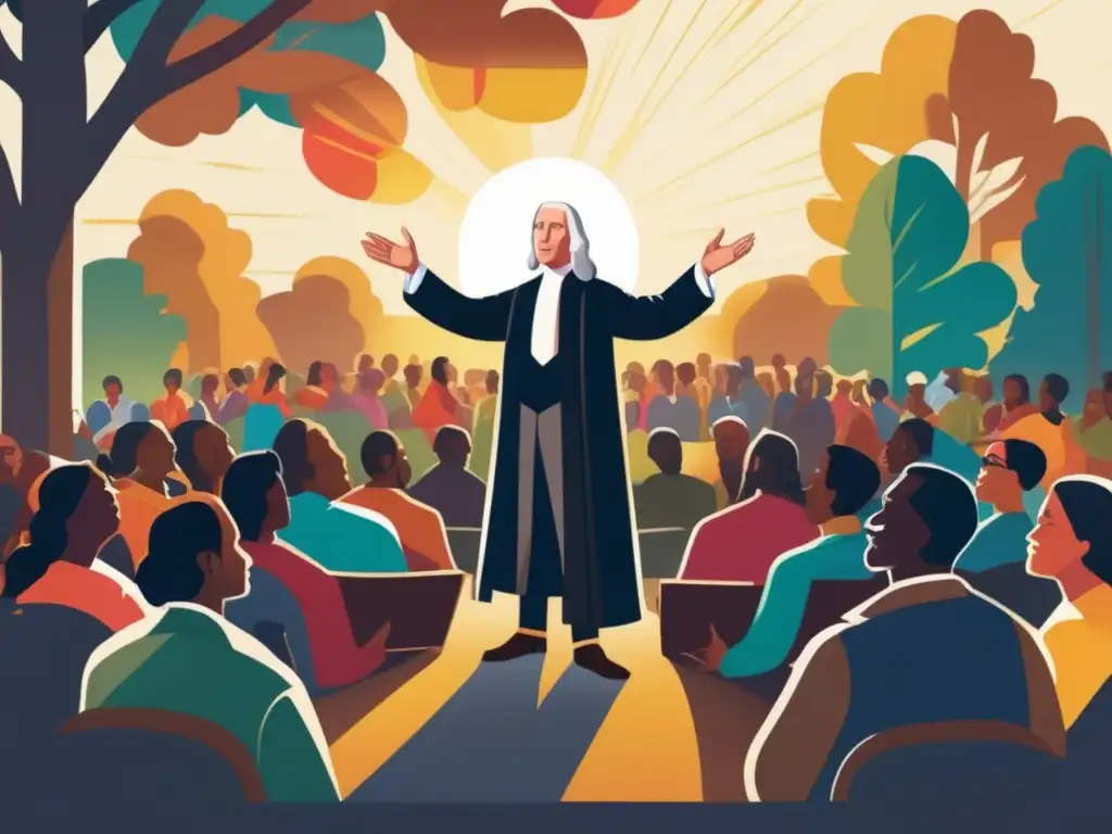 En medio del bosque, John Wesley predica a una multitud diversa bajo la luz filtrada, transmitiendo calidez y esperanza